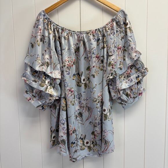 Easel Women's Satin Floral Boho Cottage Blouse Size M Feminine Puff Sleeve NWT - Picture 1 of 11